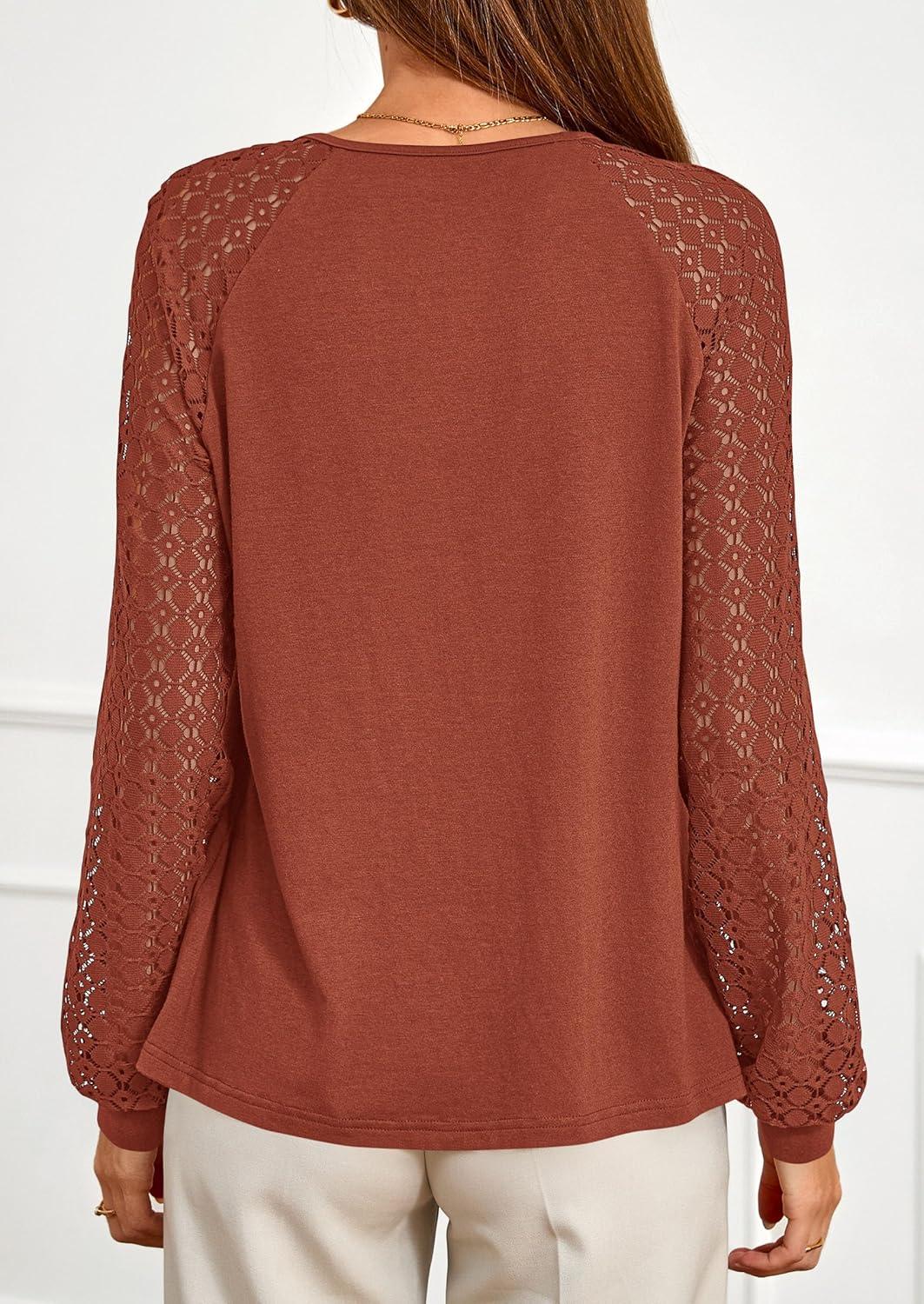 imagePRETTYGARDEN Womens Long Sleeve Shirts Lace Tops 2025 Fall Fashion Outfits Dressy Casual Blouses Work ClothesBrick Red