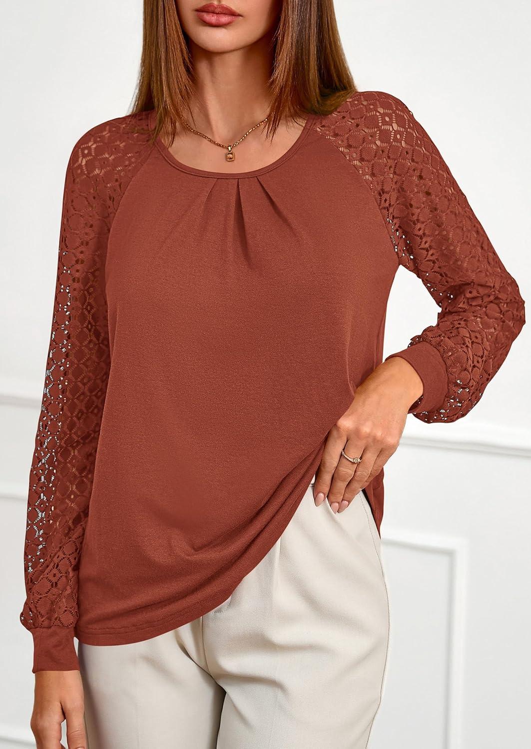 imagePRETTYGARDEN Womens Long Sleeve Shirts Lace Tops 2025 Fall Fashion Outfits Dressy Casual Blouses Work ClothesBrick Red