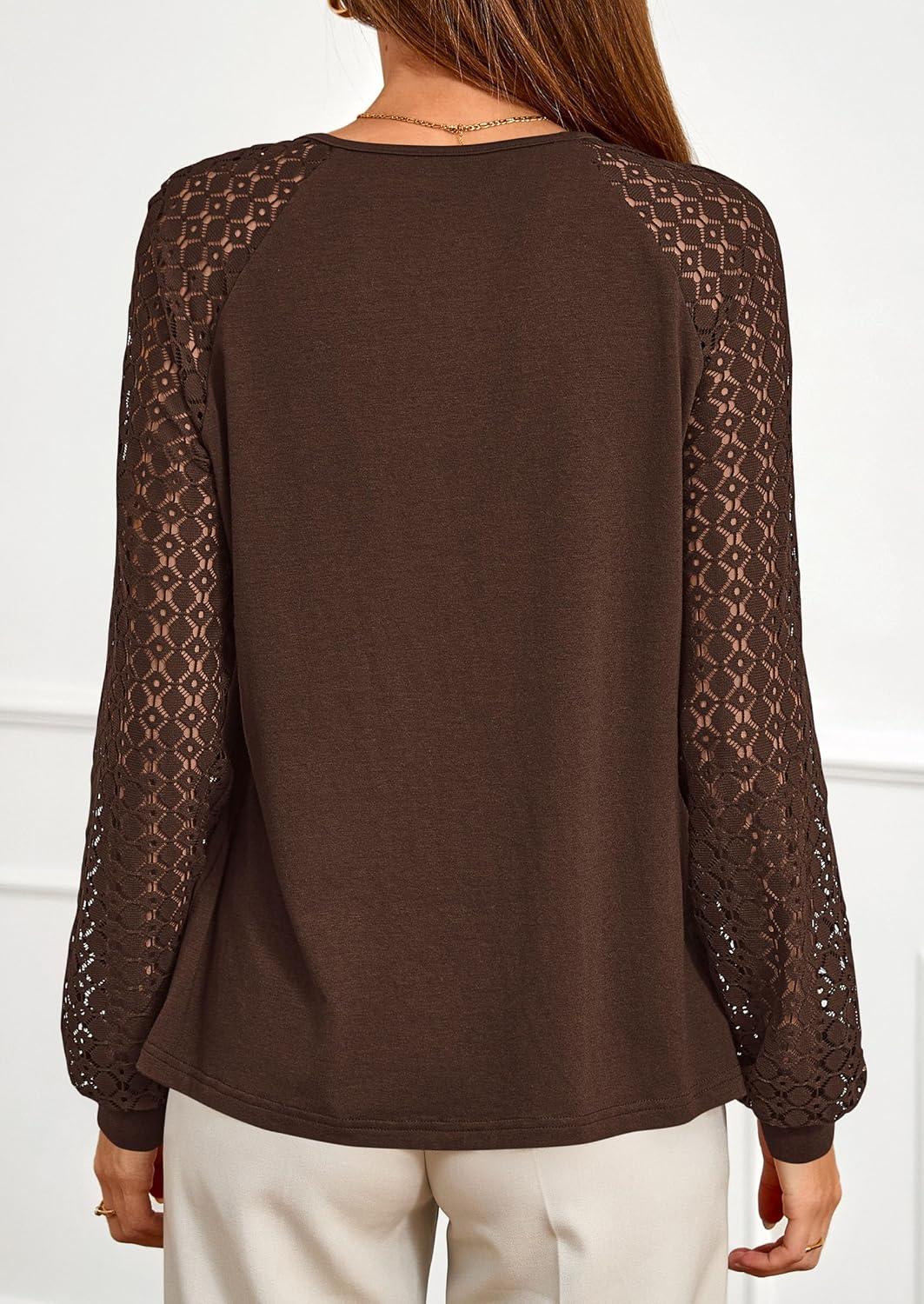 imagePRETTYGARDEN Womens Long Sleeve Shirts Lace Tops 2025 Fall Fashion Outfits Dressy Casual Blouses Work ClothesBrown