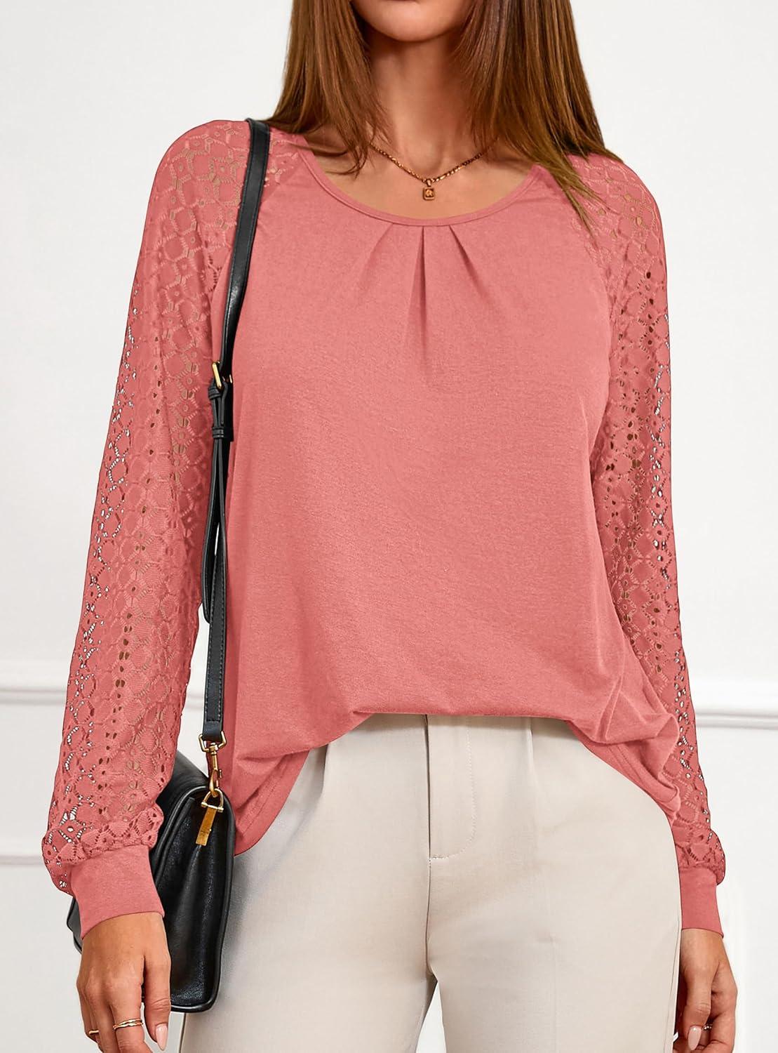 imagePRETTYGARDEN Womens Long Sleeve Shirts Lace Tops 2025 Fall Fashion Outfits Dressy Casual Blouses Work ClothesCoral Pink