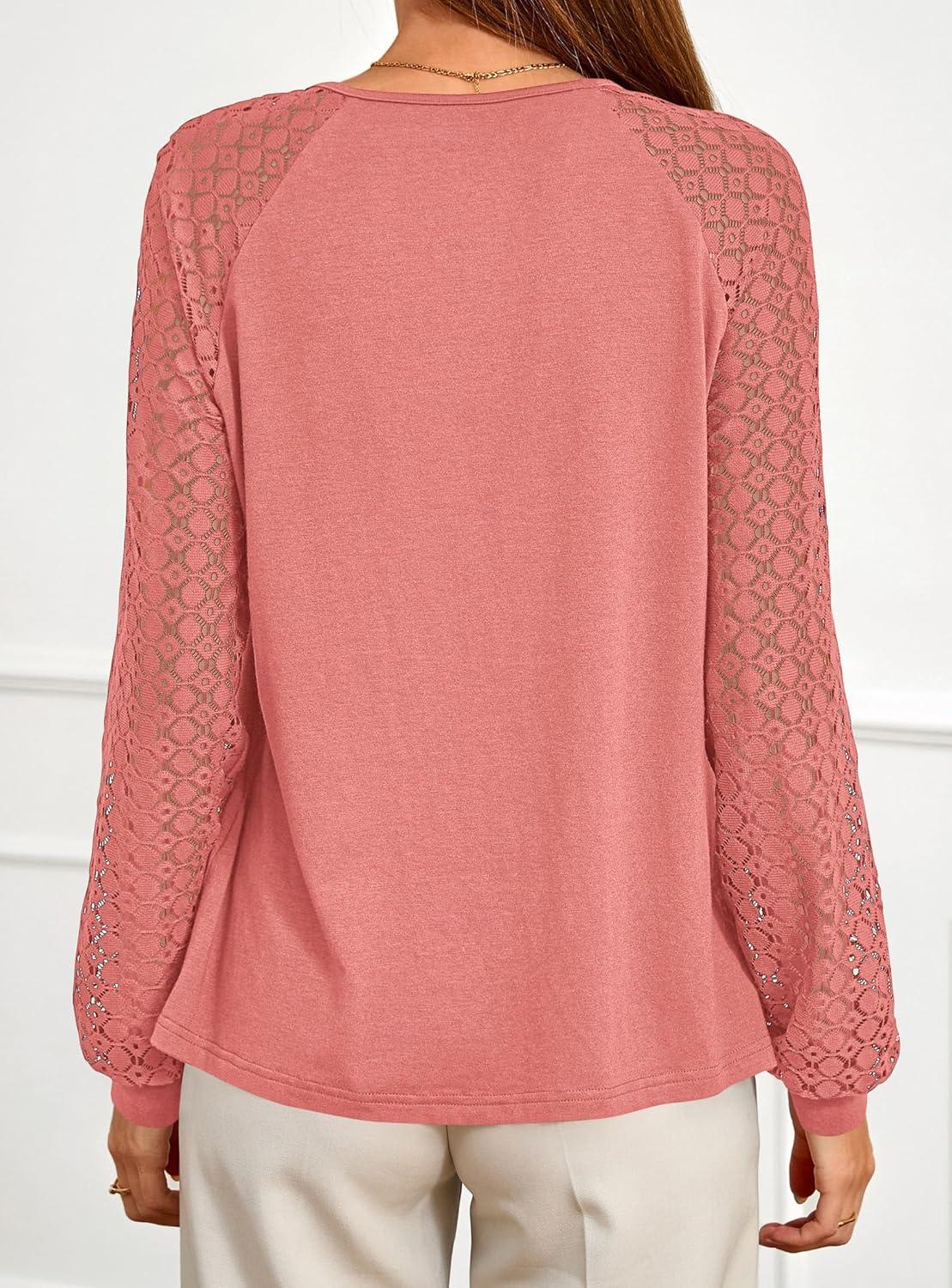 imagePRETTYGARDEN Womens Long Sleeve Shirts Lace Tops 2025 Fall Fashion Outfits Dressy Casual Blouses Work ClothesCoral Pink