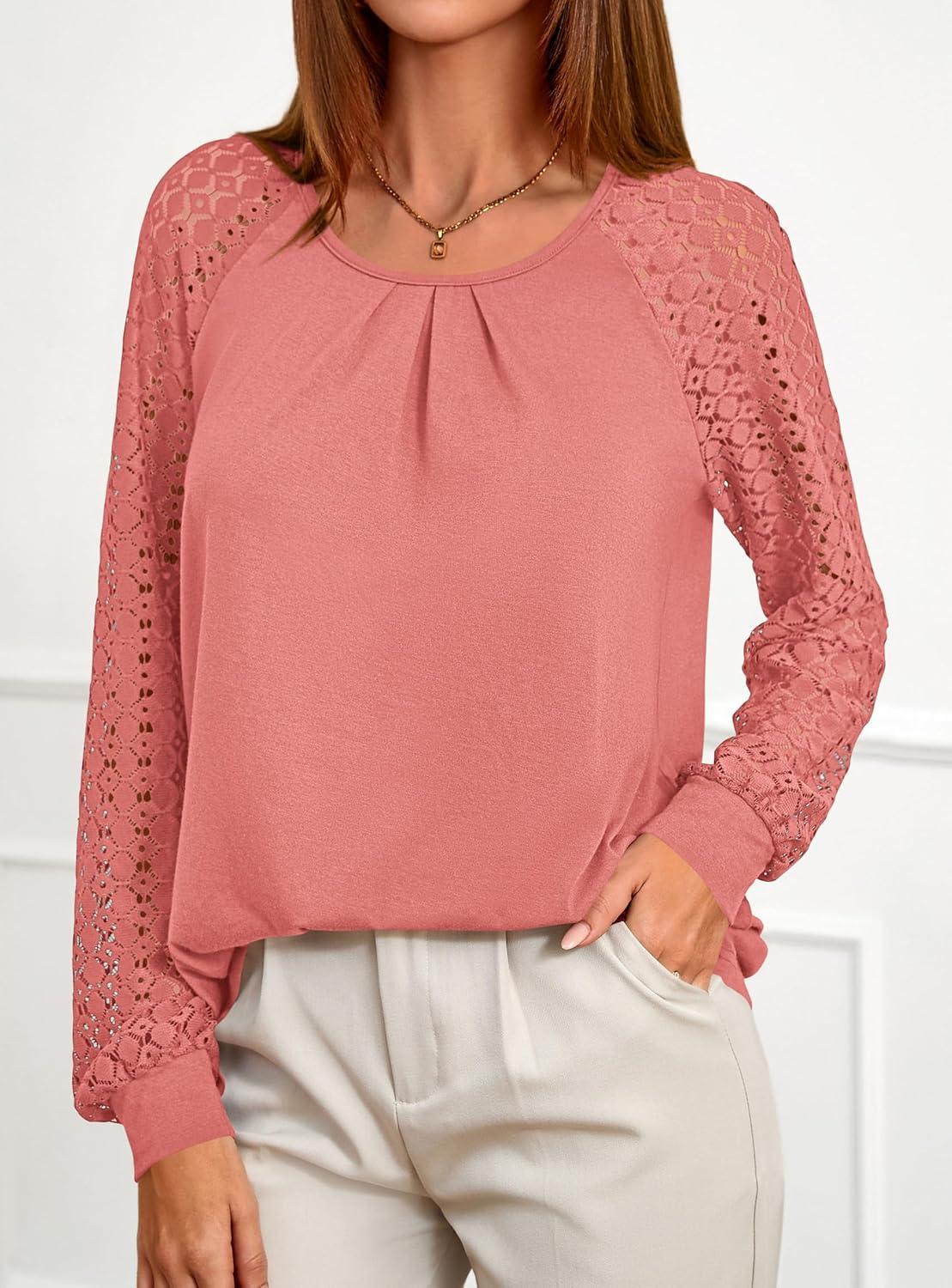 imagePRETTYGARDEN Womens Long Sleeve Shirts Lace Tops 2025 Fall Fashion Outfits Dressy Casual Blouses Work ClothesCoral Pink