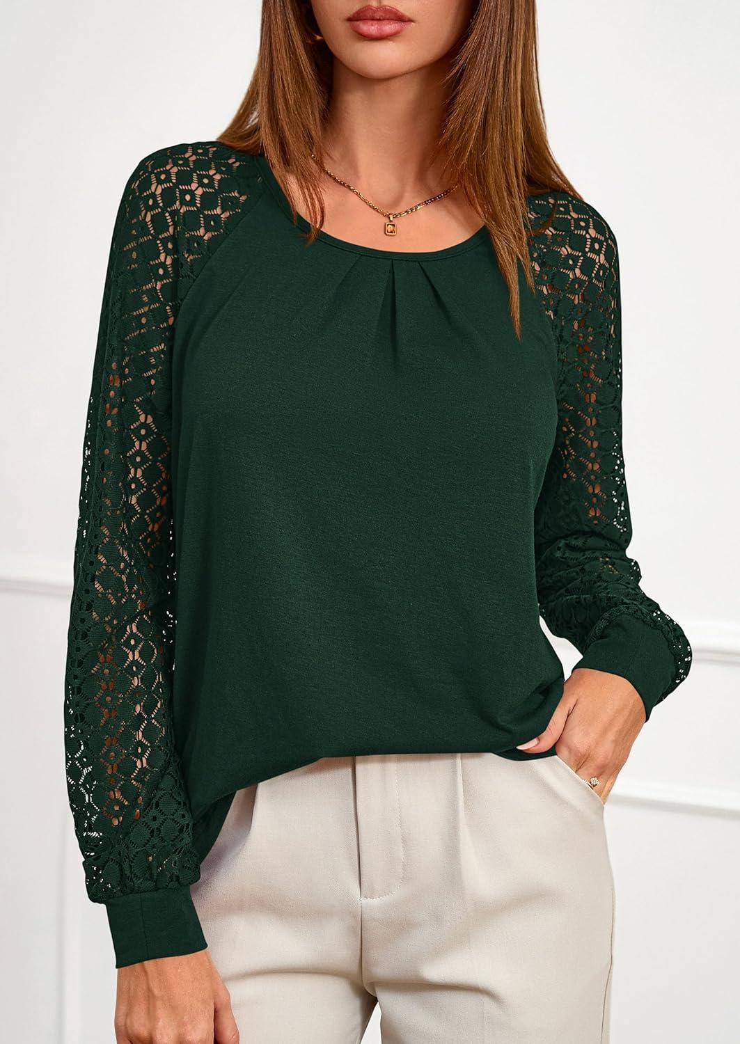 imagePRETTYGARDEN Womens Long Sleeve Shirts Lace Tops 2025 Fall Fashion Outfits Dressy Casual Blouses Work ClothesDark Green