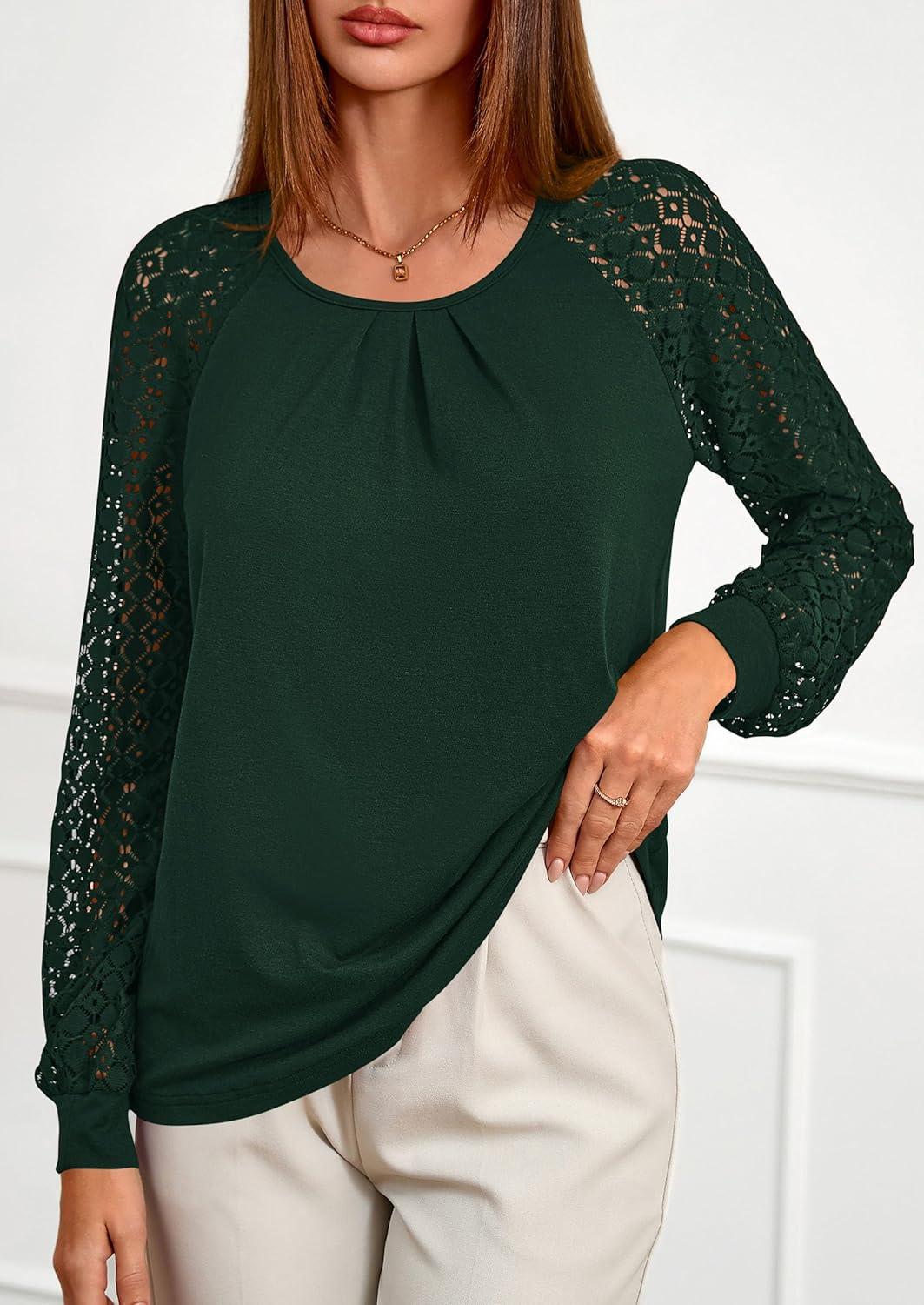 imagePRETTYGARDEN Womens Long Sleeve Shirts Lace Tops 2025 Fall Fashion Outfits Dressy Casual Blouses Work ClothesDark Green