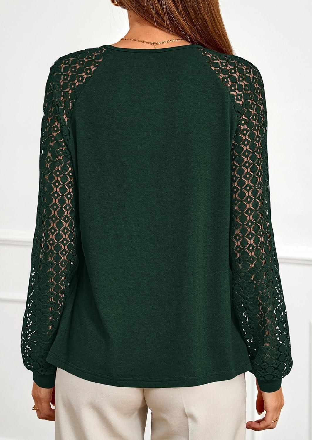 imagePRETTYGARDEN Womens Long Sleeve Shirts Lace Tops 2025 Fall Fashion Outfits Dressy Casual Blouses Work ClothesDark Green