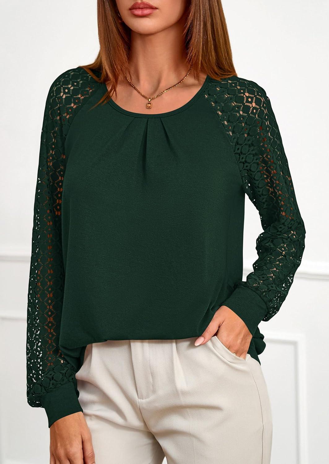 imagePRETTYGARDEN Womens Long Sleeve Shirts Lace Tops 2025 Fall Fashion Outfits Dressy Casual Blouses Work ClothesDark Green