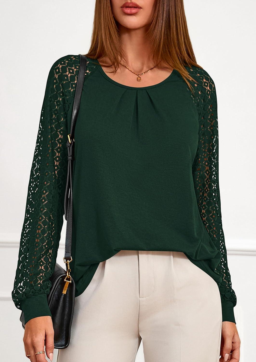 imagePRETTYGARDEN Womens Long Sleeve Shirts Lace Tops 2025 Fall Fashion Outfits Dressy Casual Blouses Work ClothesDark Green