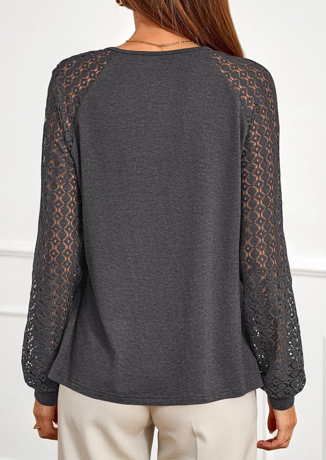 imagePRETTYGARDEN Womens Long Sleeve Shirts Lace Tops 2025 Fall Fashion Outfits Dressy Casual Blouses Work ClothesGrey