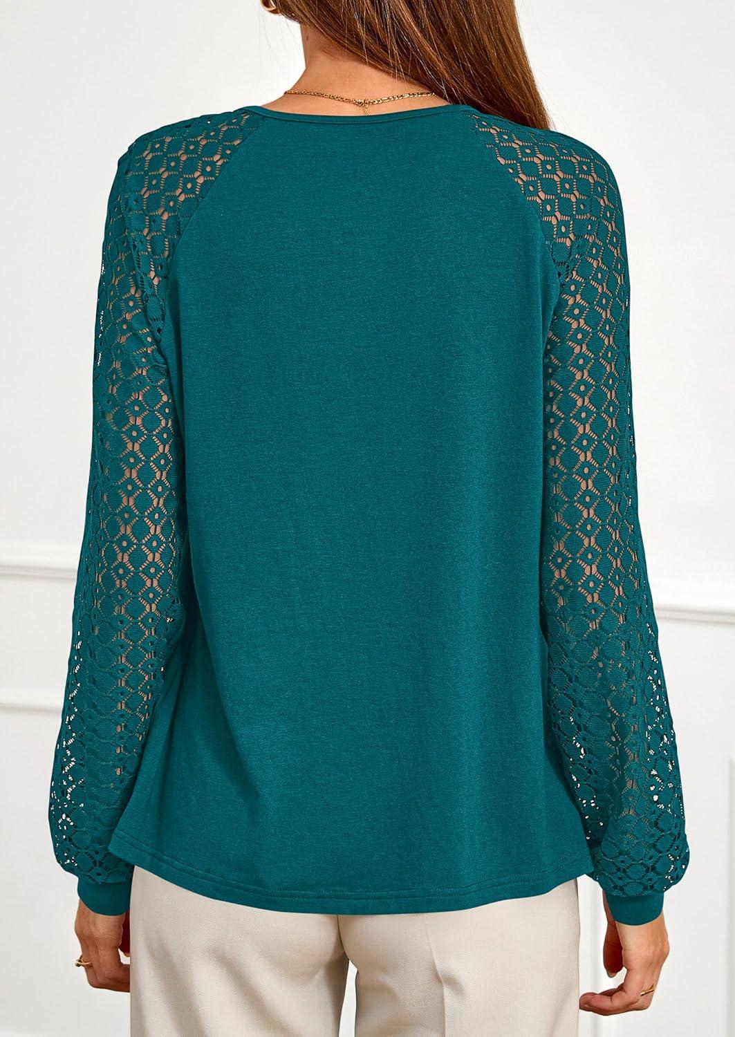 imagePRETTYGARDEN Womens Long Sleeve Shirts Lace Tops 2025 Fall Fashion Outfits Dressy Casual Blouses Work ClothesLake Blue