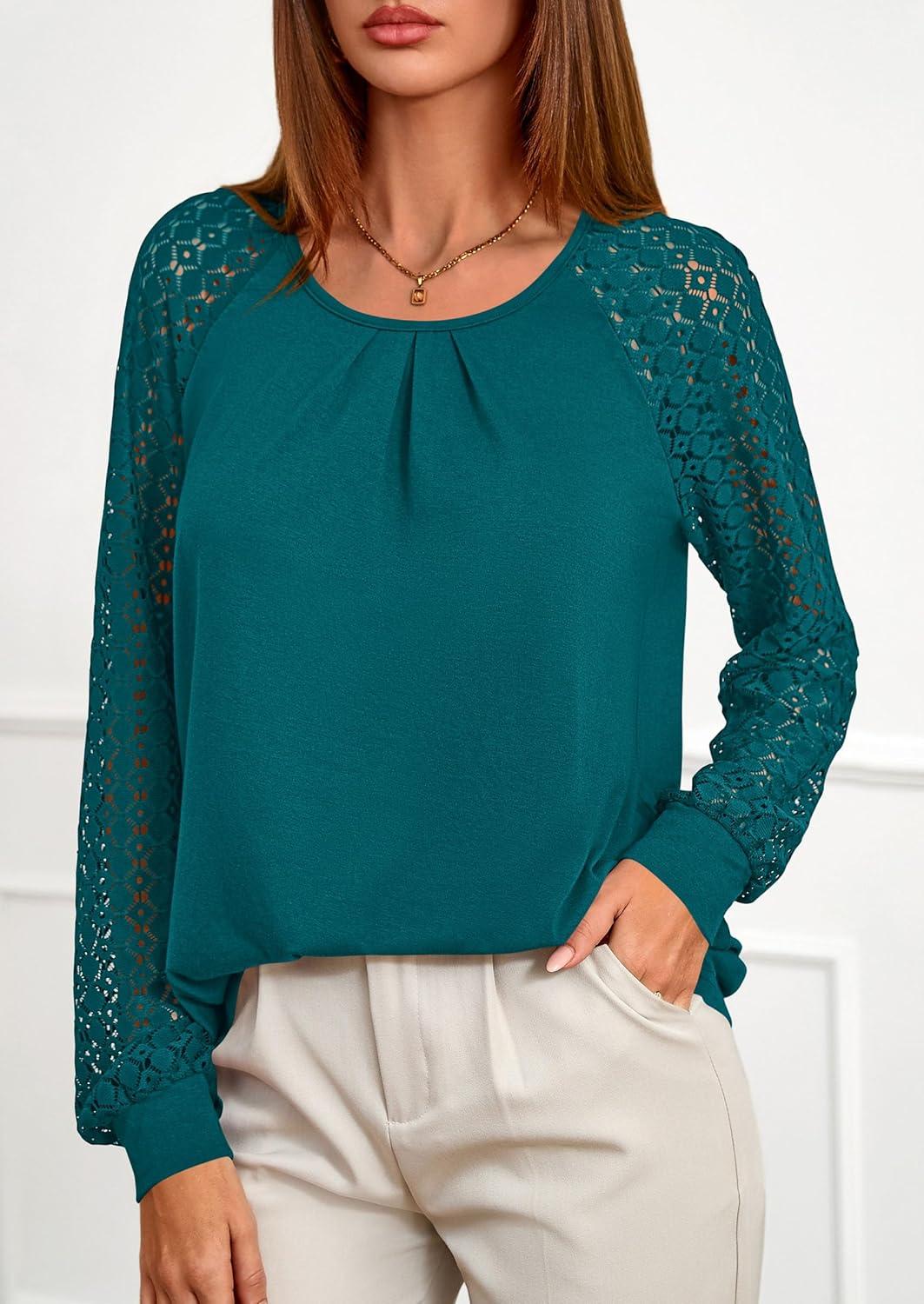 imagePRETTYGARDEN Womens Long Sleeve Shirts Lace Tops 2025 Fall Fashion Outfits Dressy Casual Blouses Work ClothesLake Blue