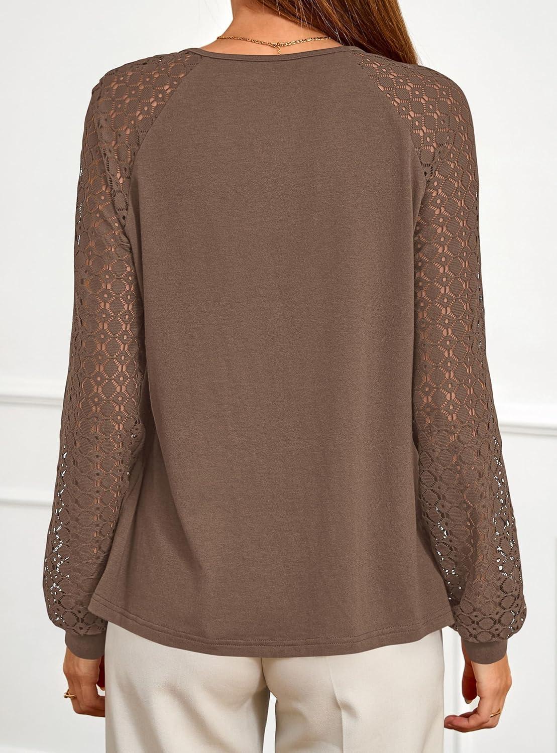 imagePRETTYGARDEN Womens Long Sleeve Shirts Lace Tops 2025 Fall Fashion Outfits Dressy Casual Blouses Work ClothesLight Brown