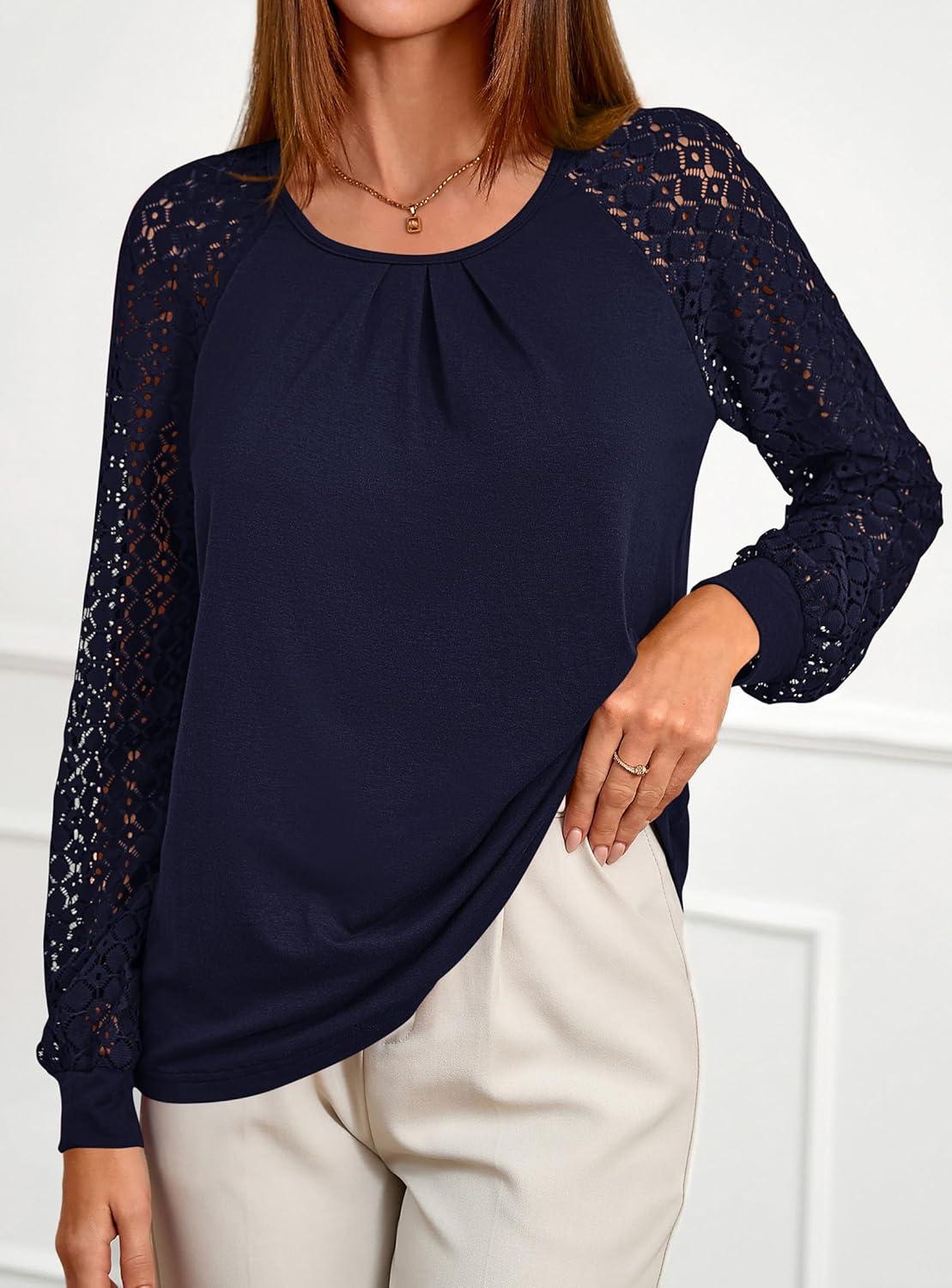 imagePRETTYGARDEN Womens Long Sleeve Shirts Lace Tops 2025 Fall Fashion Outfits Dressy Casual Blouses Work ClothesNavy Blue