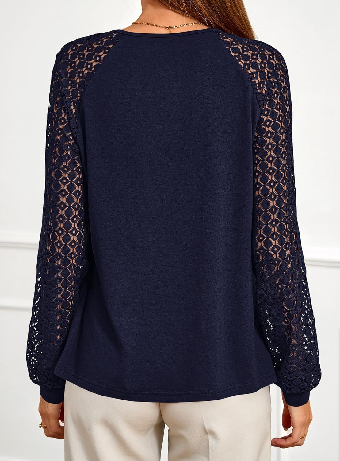 imagePRETTYGARDEN Womens Long Sleeve Shirts Lace Tops 2025 Fall Fashion Outfits Dressy Casual Blouses Work ClothesNavy Blue