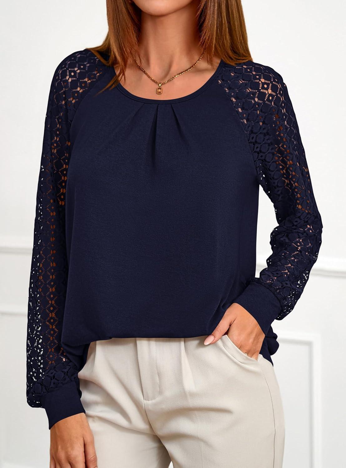 imagePRETTYGARDEN Womens Long Sleeve Shirts Lace Tops 2025 Fall Fashion Outfits Dressy Casual Blouses Work ClothesNavy Blue