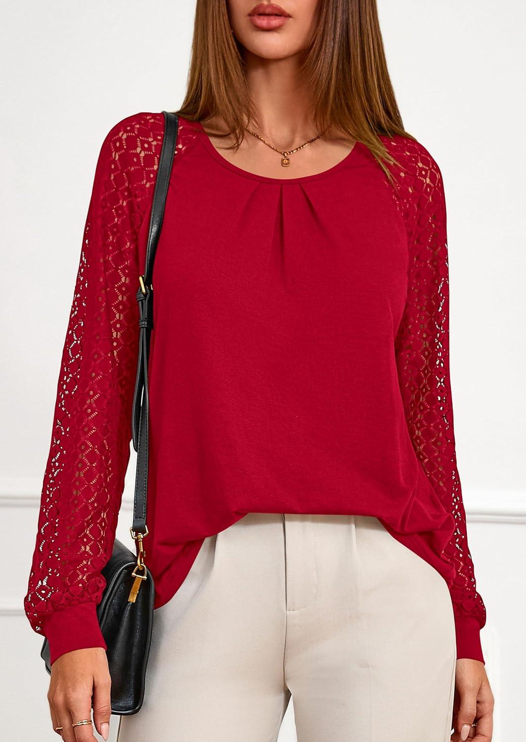 imagePRETTYGARDEN Womens Long Sleeve Shirts Lace Tops 2025 Fall Fashion Outfits Dressy Casual Blouses Work ClothesRed