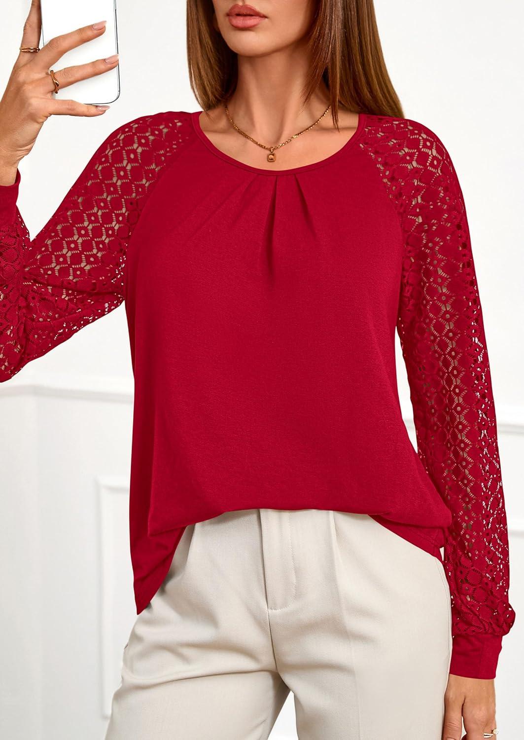 imagePRETTYGARDEN Womens Long Sleeve Shirts Lace Tops 2025 Fall Fashion Outfits Dressy Casual Blouses Work ClothesRed