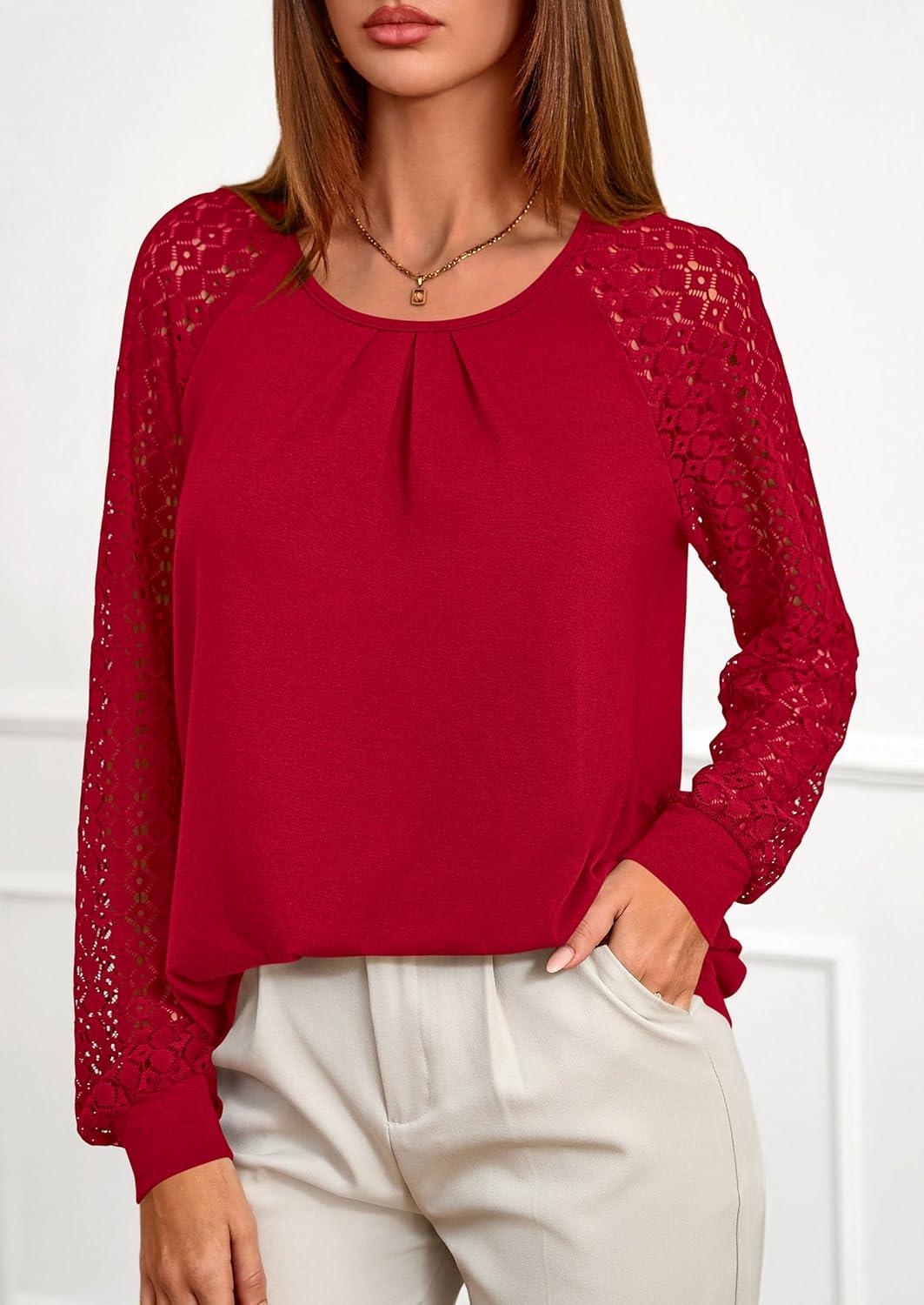 imagePRETTYGARDEN Womens Long Sleeve Shirts Lace Tops 2025 Fall Fashion Outfits Dressy Casual Blouses Work ClothesRed