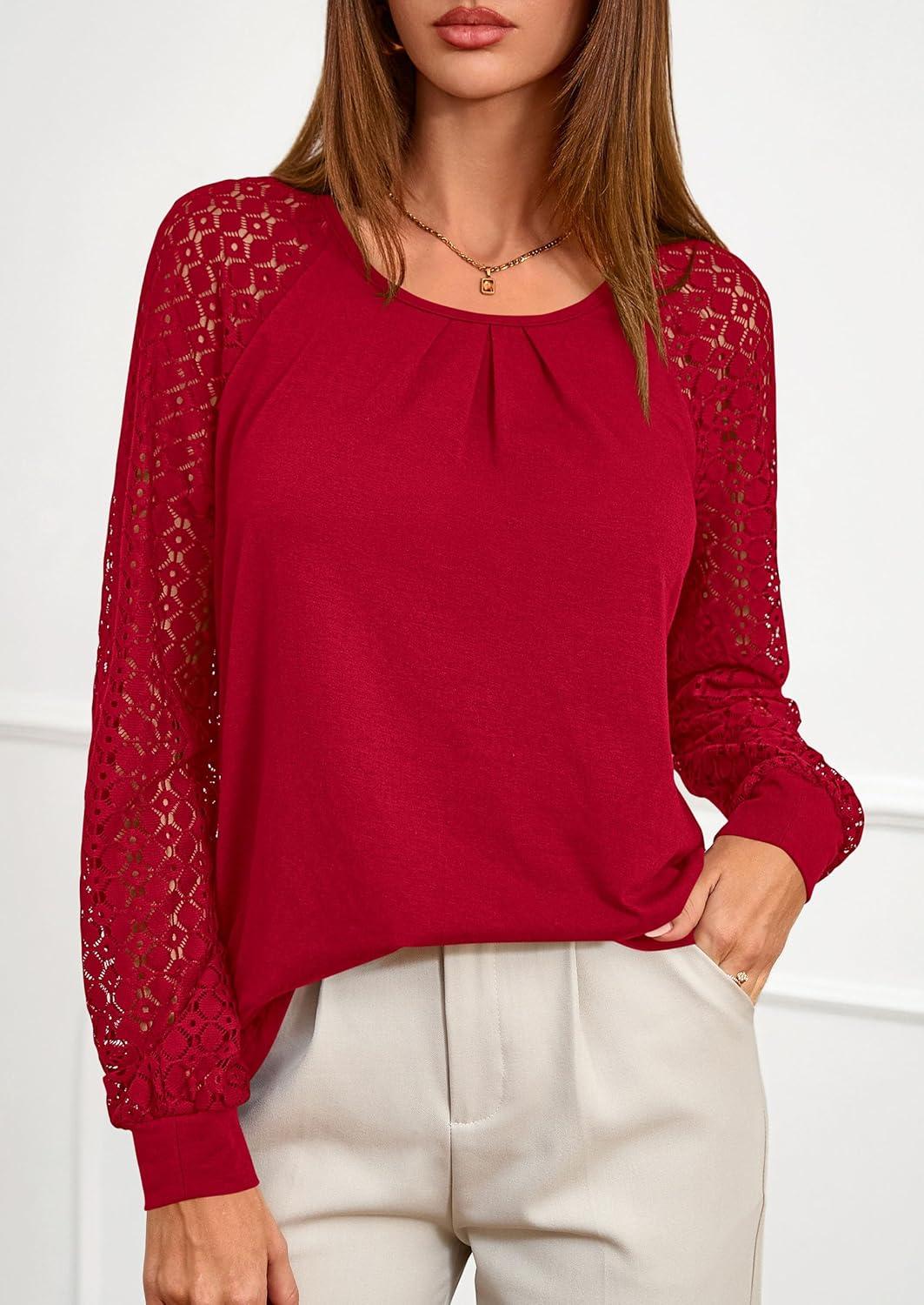 imagePRETTYGARDEN Womens Long Sleeve Shirts Lace Tops 2025 Fall Fashion Outfits Dressy Casual Blouses Work ClothesRed