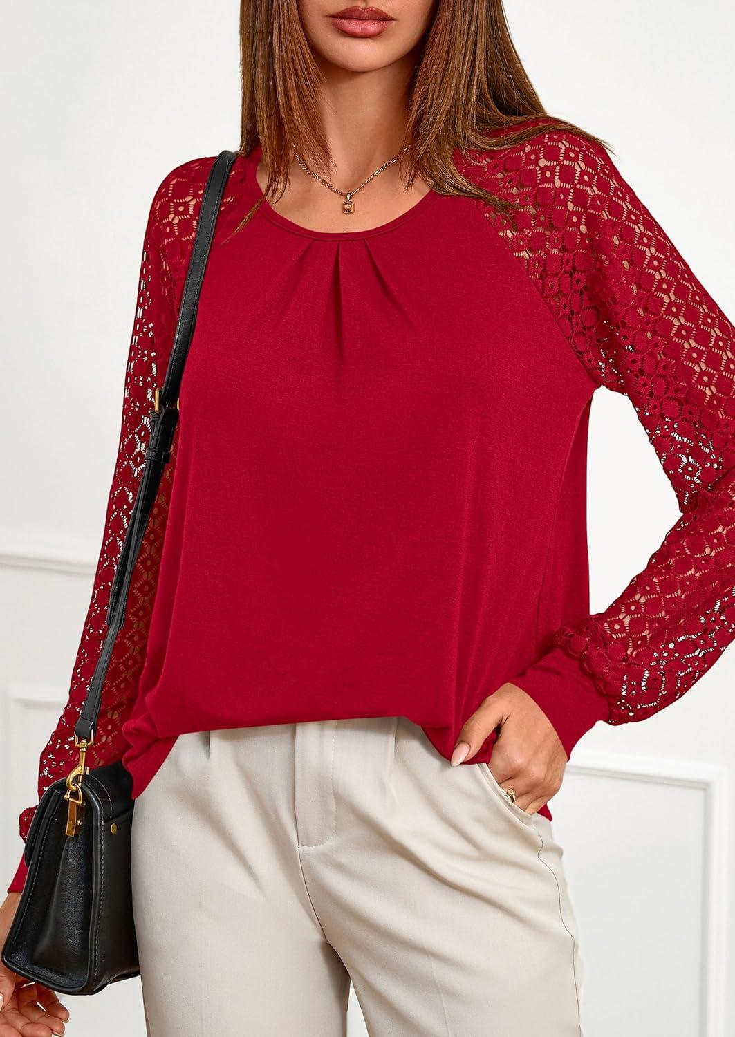 imagePRETTYGARDEN Womens Long Sleeve Shirts Lace Tops 2025 Fall Fashion Outfits Dressy Casual Blouses Work ClothesRed