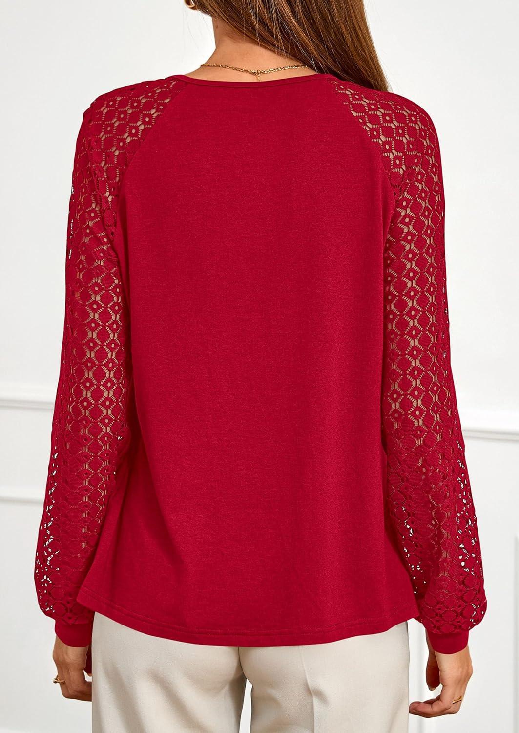 imagePRETTYGARDEN Womens Long Sleeve Shirts Lace Tops 2025 Fall Fashion Outfits Dressy Casual Blouses Work ClothesRed