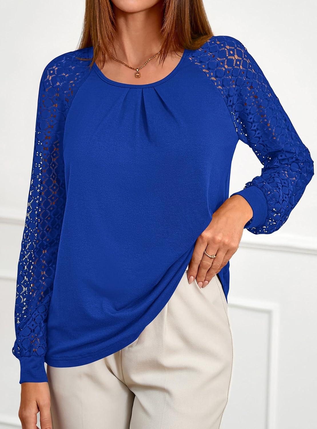 imagePRETTYGARDEN Womens Long Sleeve Shirts Lace Tops 2025 Fall Fashion Outfits Dressy Casual Blouses Work ClothesRoyal Blue