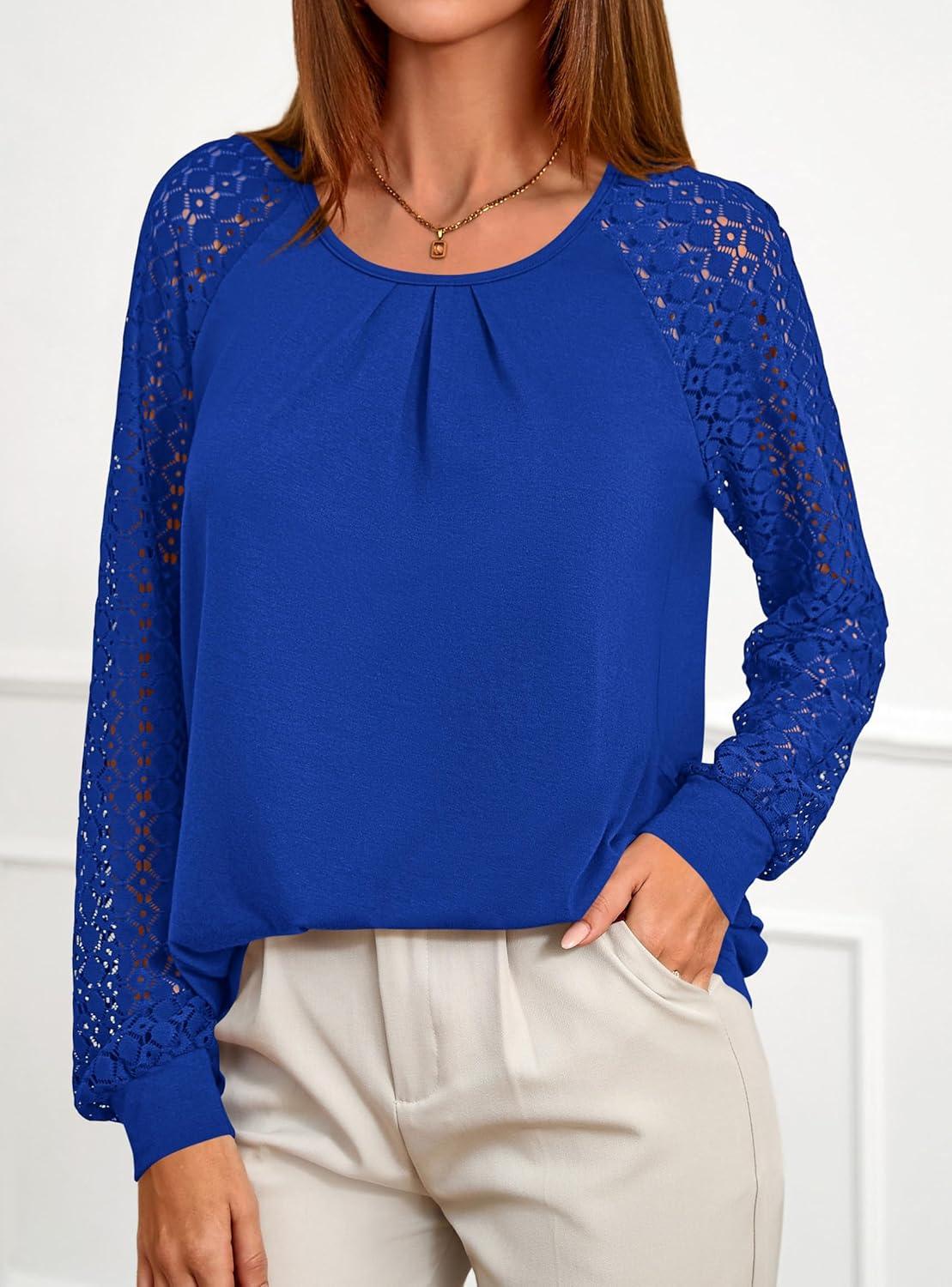 imagePRETTYGARDEN Womens Long Sleeve Shirts Lace Tops 2025 Fall Fashion Outfits Dressy Casual Blouses Work ClothesRoyal Blue