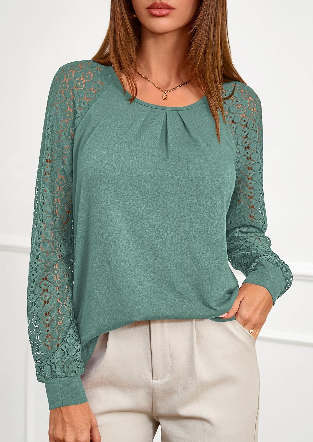 imagePRETTYGARDEN Womens Long Sleeve Shirts Lace Tops 2025 Fall Fashion Outfits Dressy Casual Blouses Work ClothesSage Green