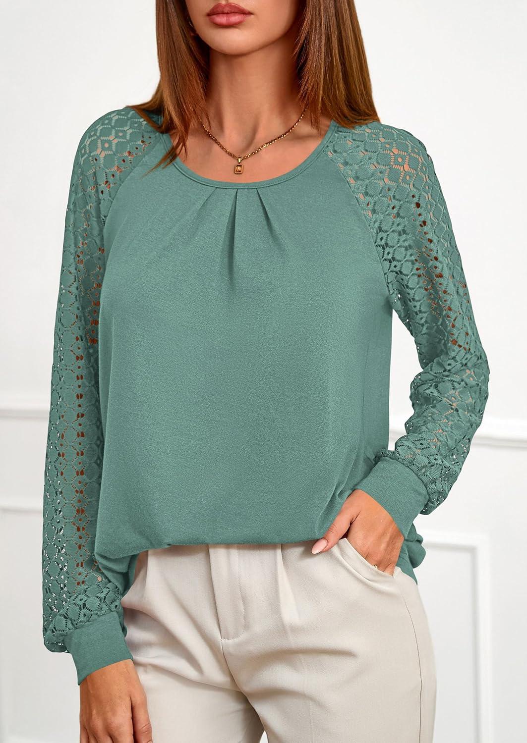 imagePRETTYGARDEN Womens Long Sleeve Shirts Lace Tops 2025 Fall Fashion Outfits Dressy Casual Blouses Work ClothesSage Green