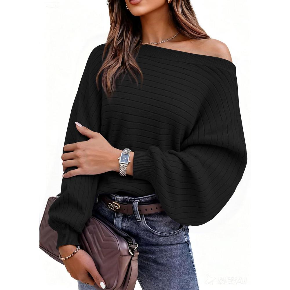 imagePRETTYGARDEN Fall Sweaters for Women 2025 Oversized Boat Neck Pullover Long Sleeve Knit Tops Cozy Winter Fashion ClothingBlack