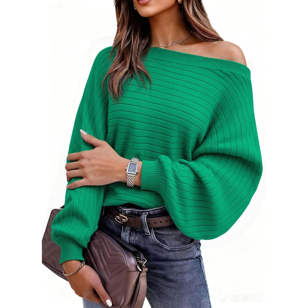 imagePRETTYGARDEN Fall Sweaters for Women 2025 Oversized Boat Neck Pullover Long Sleeve Knit Tops Cozy Winter Fashion ClothingGreen