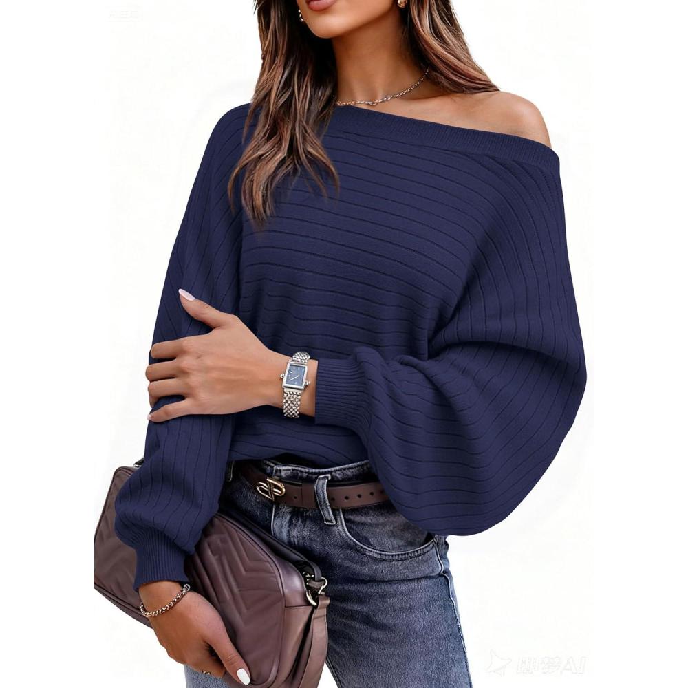 imagePRETTYGARDEN Fall Sweaters for Women 2025 Oversized Boat Neck Pullover Long Sleeve Knit Tops Cozy Winter Fashion ClothingNavy Blue