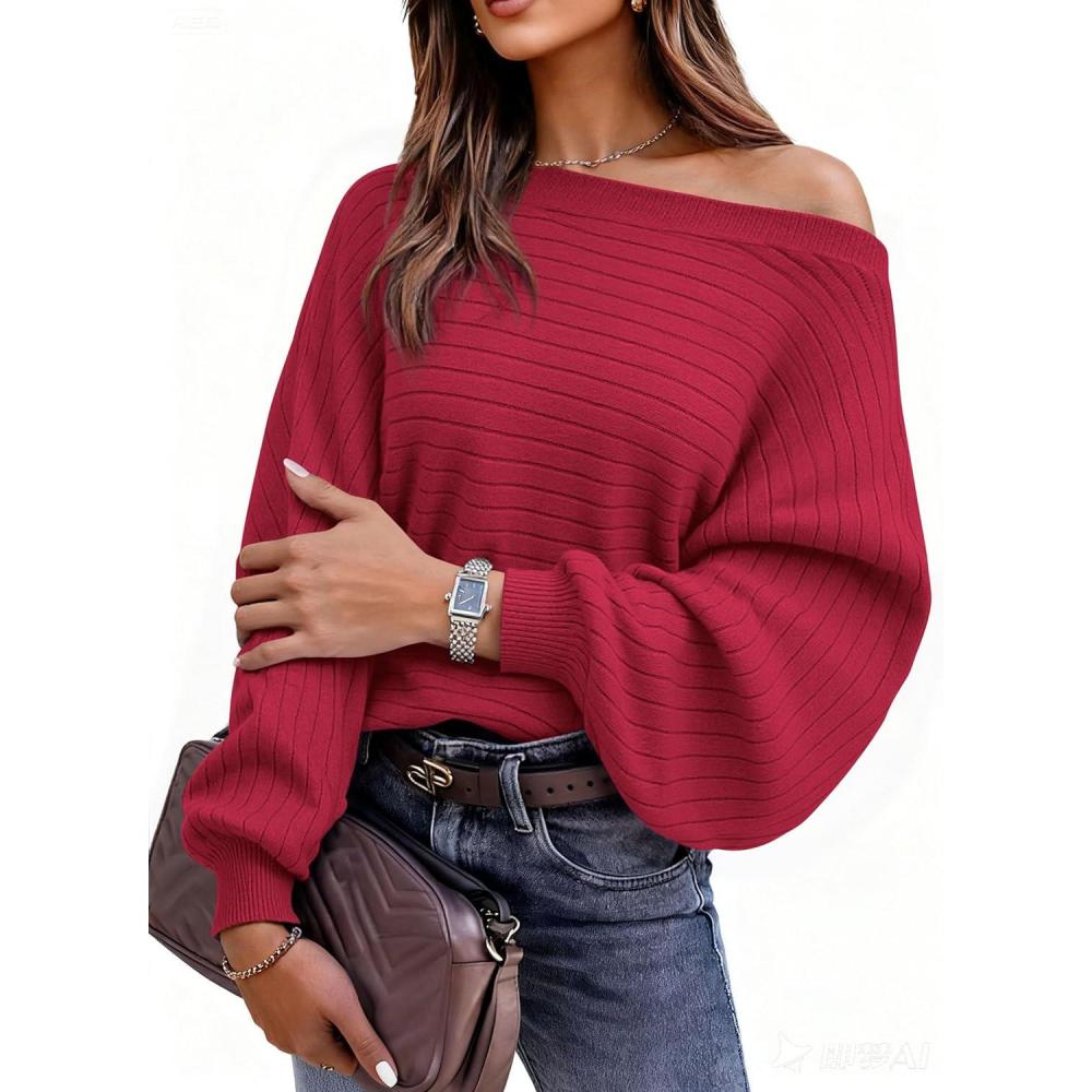 imagePRETTYGARDEN Fall Sweaters for Women 2025 Oversized Boat Neck Pullover Long Sleeve Knit Tops Cozy Winter Fashion ClothingRed