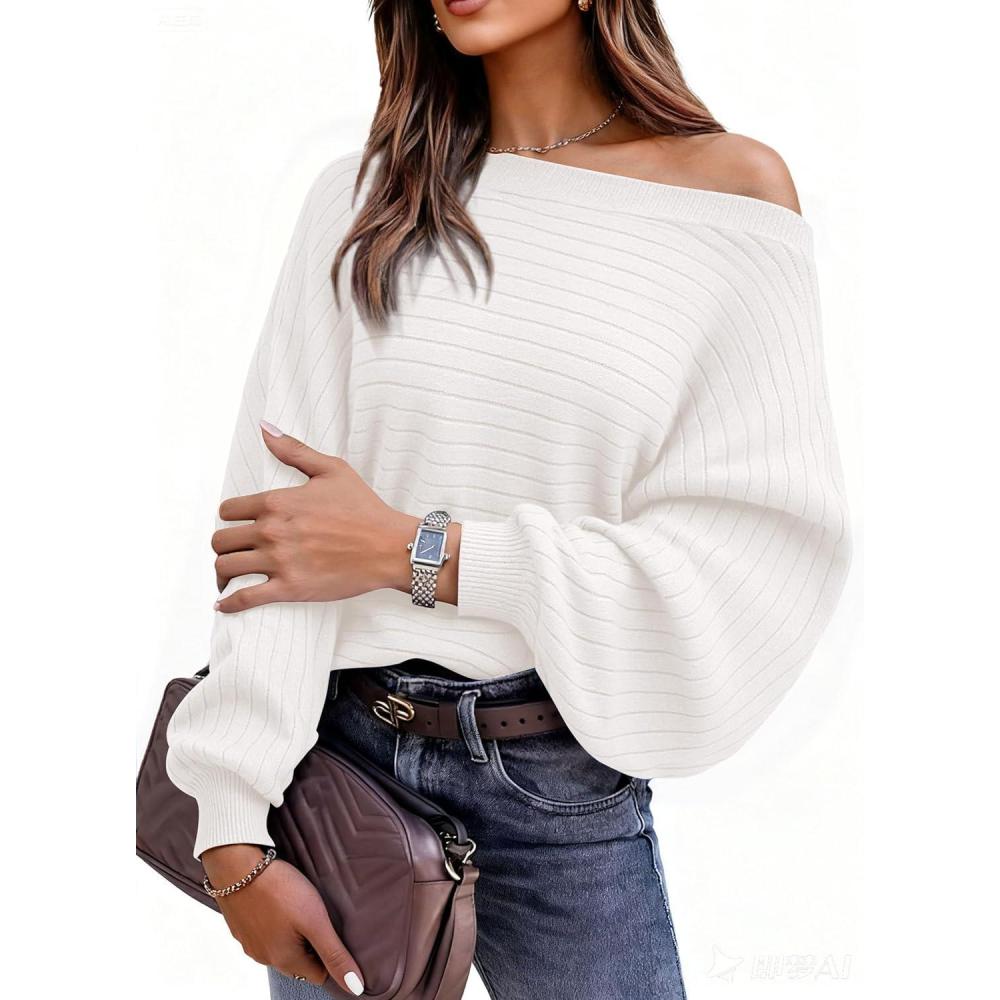imagePRETTYGARDEN Fall Sweaters for Women 2025 Oversized Boat Neck Pullover Long Sleeve Knit Tops Cozy Winter Fashion ClothingWhite