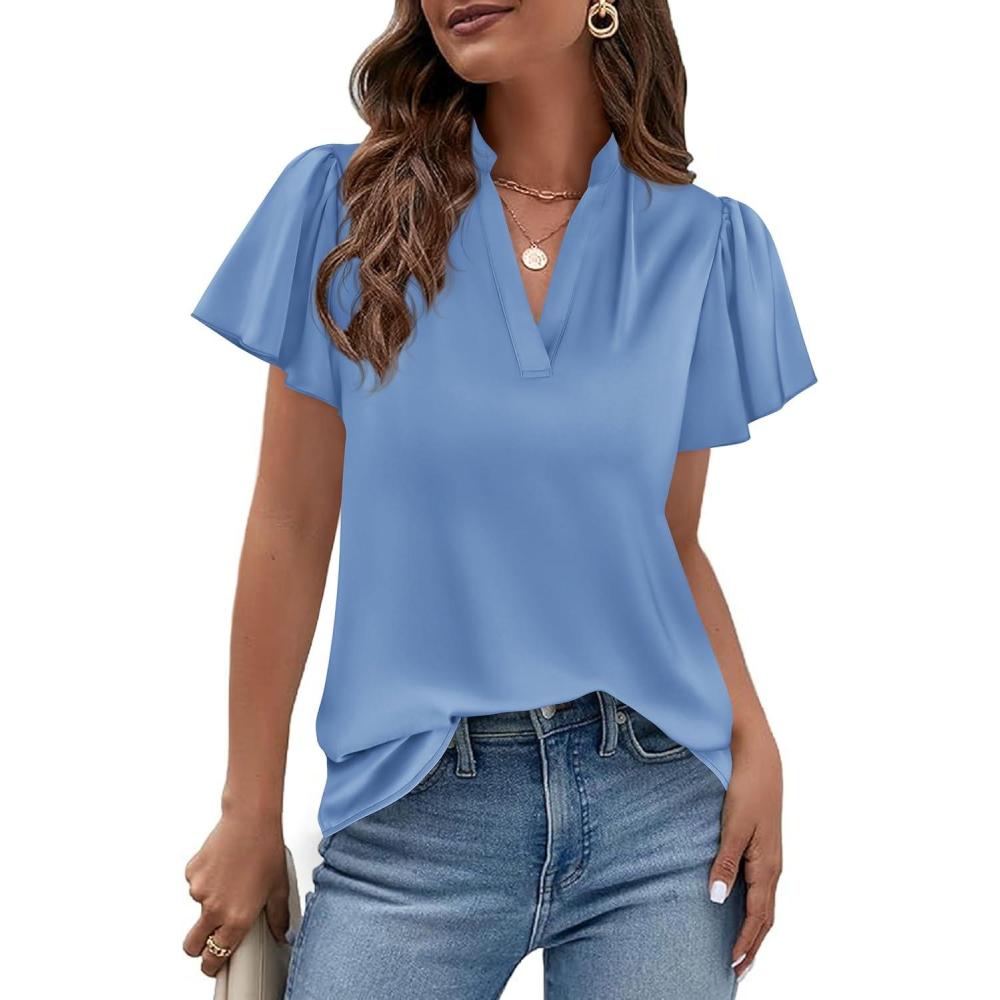 imagePRETTYGARDEN Womens 2026 Summer Blouses Dressy Casual Ruffle Cap Sleeve V Neck Business Work Trendy Cute Tops Spring OutfitsLight Blue