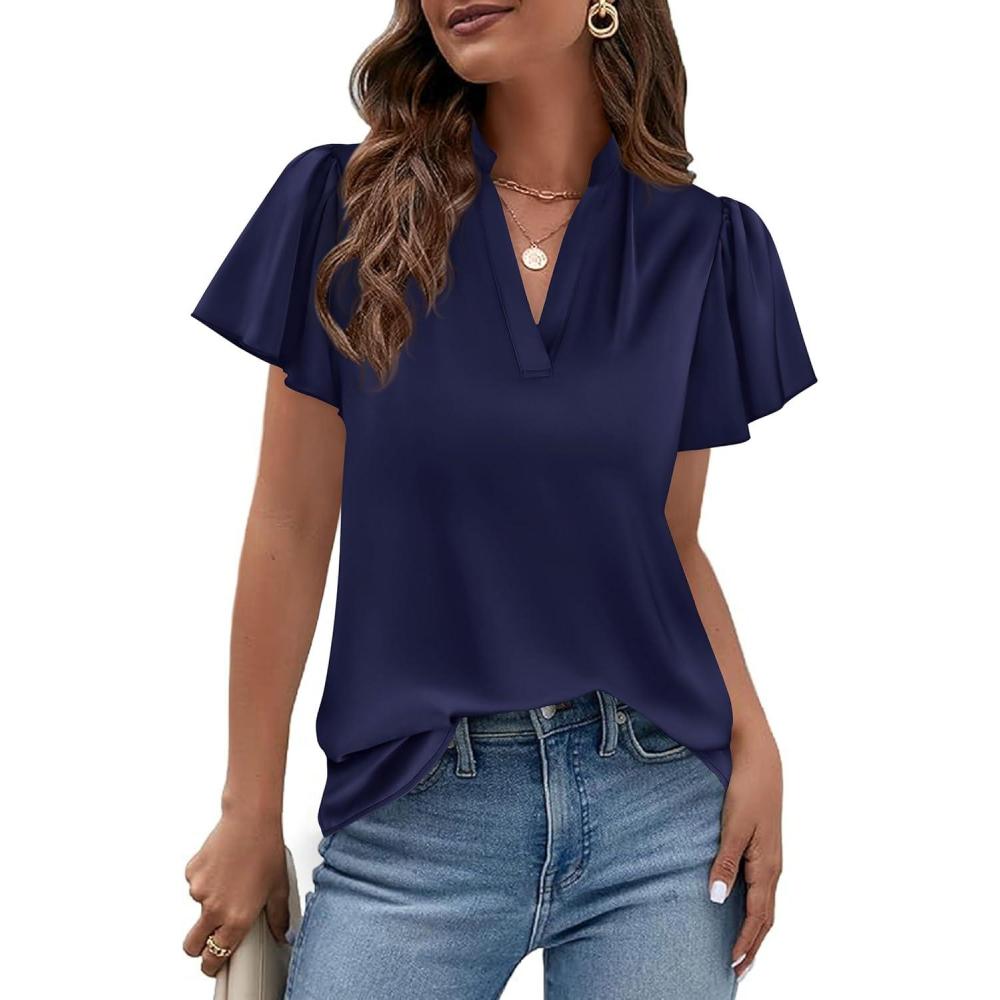 imagePRETTYGARDEN Womens 2026 Summer Blouses Dressy Casual Ruffle Cap Sleeve V Neck Business Work Trendy Cute Tops Spring OutfitsRoyal Blue