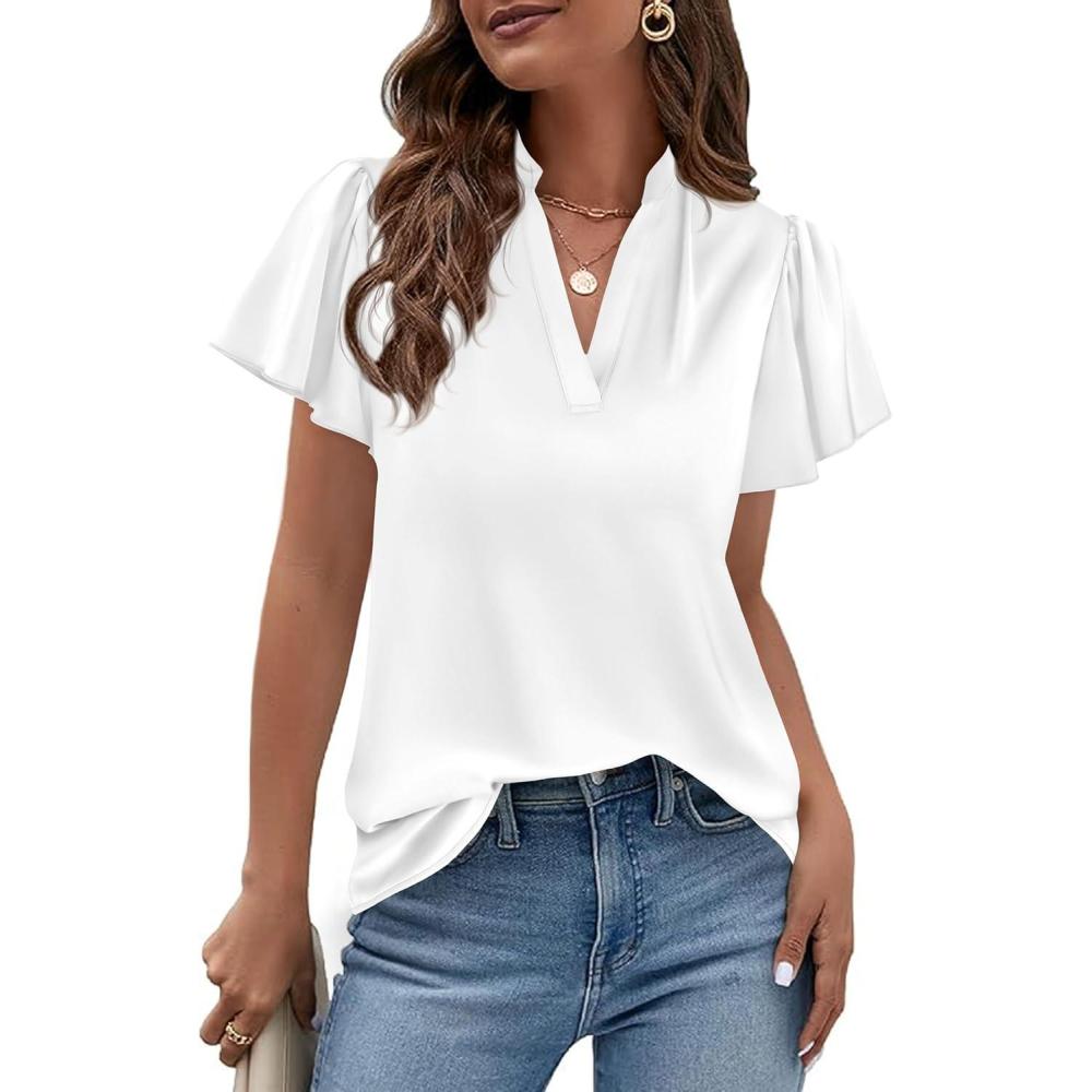 imagePRETTYGARDEN Womens 2026 Summer Blouses Dressy Casual Ruffle Cap Sleeve V Neck Business Work Trendy Cute Tops Spring OutfitsWhite