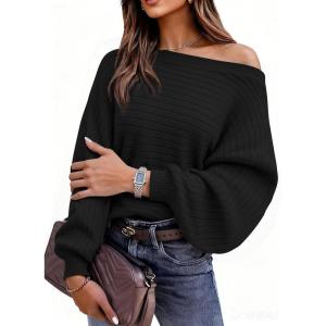 imagePRETTYGARDEN Fall Sweaters for Women 2025 Oversized Boat Neck Pullover Long Sleeve Knit Tops Cozy Winter Fashion ClothingBlack