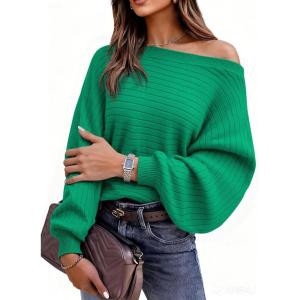 imagePRETTYGARDEN Fall Sweaters for Women 2025 Oversized Boat Neck Pullover Long Sleeve Knit Tops Cozy Winter Fashion ClothingGreen