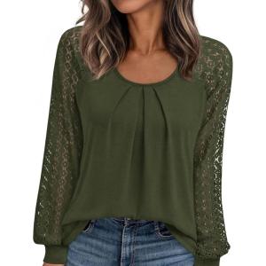 imagePRETTYGARDEN Womens Long Sleeve Shirts Lace Tops 2025 Fall Fashion Outfits Dressy Casual Blouses Work ClothesArmy Green