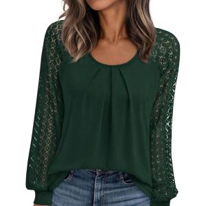 imagePRETTYGARDEN Womens Long Sleeve Shirts Lace Tops 2025 Fall Fashion Outfits Dressy Casual Blouses Work ClothesDark Green