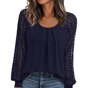 imagePRETTYGARDEN Womens Long Sleeve Shirts Lace Tops 2025 Fall Fashion Outfits Dressy Casual Blouses Work ClothesNavy Blue