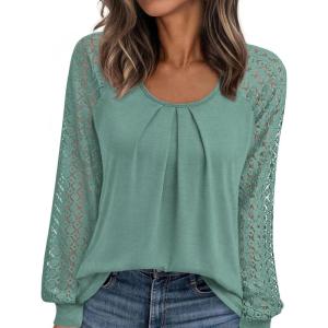 imagePRETTYGARDEN Womens Long Sleeve Shirts Lace Tops 2025 Fall Fashion Outfits Dressy Casual Blouses Work ClothesSage Green