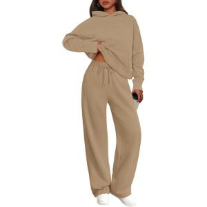 imagePRETTYGARDEN Womens 2 Piece Outfits Fall Sweatsuits Oversized Hoodies Wide Leg Sweatpants Tracksuits Lounge Matching SetsKhaki