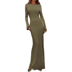 imagePRETTYGARDEN Womens Fall Fashion 2025 Long Sleeve Maxi Dress Ribbed Knit Boat Neck Bodycon Casual Dresses Going Out OutfitsArmy Green