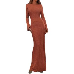 imagePRETTYGARDEN Womens Fall Fashion 2025 Long Sleeve Maxi Dress Ribbed Knit Boat Neck Bodycon Casual Dresses Going Out OutfitsBurnt Orange