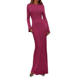 imagePRETTYGARDEN Womens Fall Fashion 2025 Long Sleeve Maxi Dress Ribbed Knit Boat Neck Bodycon Casual Dresses Going Out OutfitsRose Red