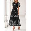 imagePRETTYGARDEN Boho Dresses for Women 2026 Summer Spring Casual Floral Short Sleeve V Neck Maxi Elastic Waist Dress PocketsBlack White Flower