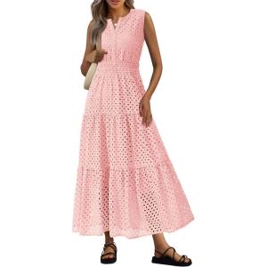 imagePRETTYGARDEN Summer Dresses for Women 2026 Sundresses Sleeveless V Neck Eyelet A Line Flowy Beach Vacation Spring Maxi DressPink