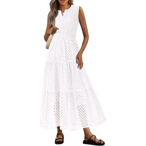 imagePRETTYGARDEN Summer Dresses for Women 2026 Sundresses Sleeveless V Neck Eyelet A Line Flowy Beach Vacation Spring Maxi DressWhite
