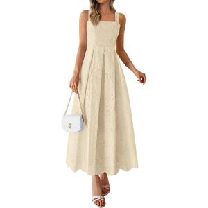 imagePRETTYGARDEN Womens Sleeveless Maxi Summer Dresses 2026 Hollow Out Eyelet Square Neck Ruffle Flowy Beach Vacation SundressBeige